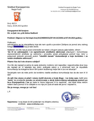 Odgovor Uprave Energopetrola da ne želi dopustiti korištenje e-maila za humanitarnu akciju povodom liječenja djeteta radnika